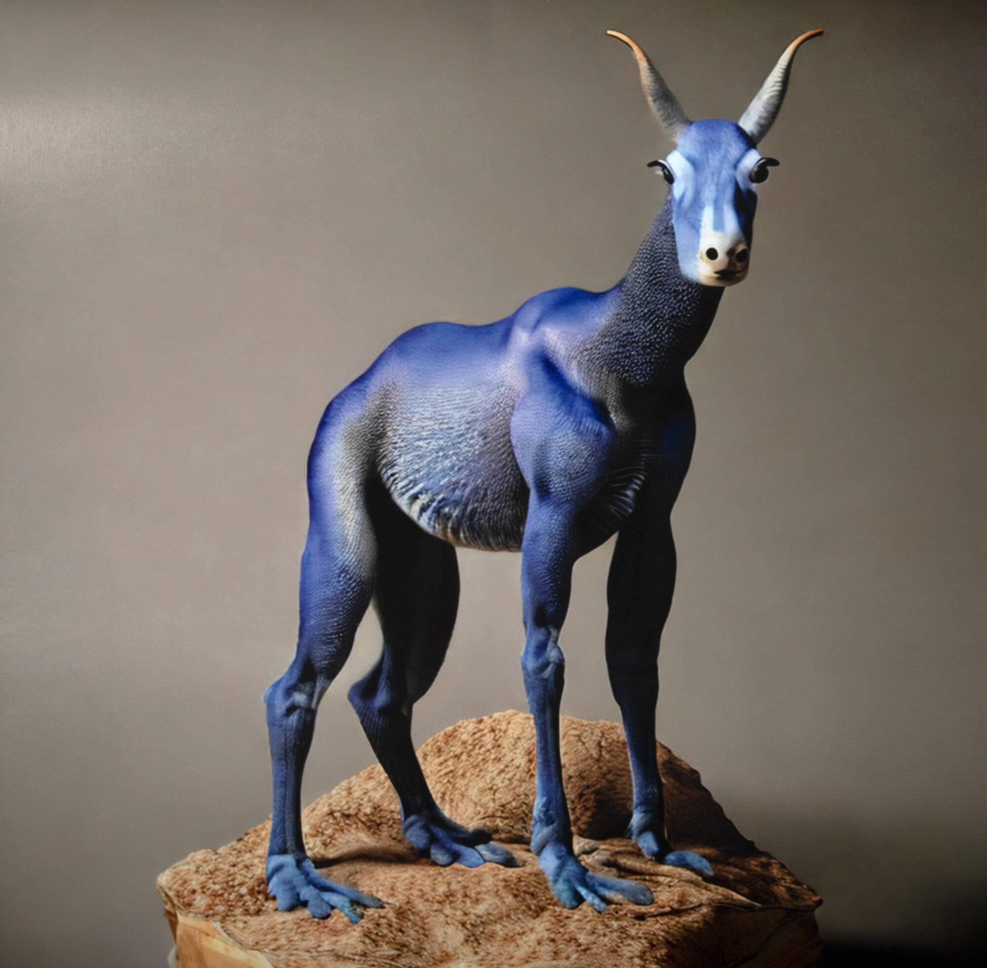 Artificial intelligence created image of a mystical blue creature with horns standing on a rock.